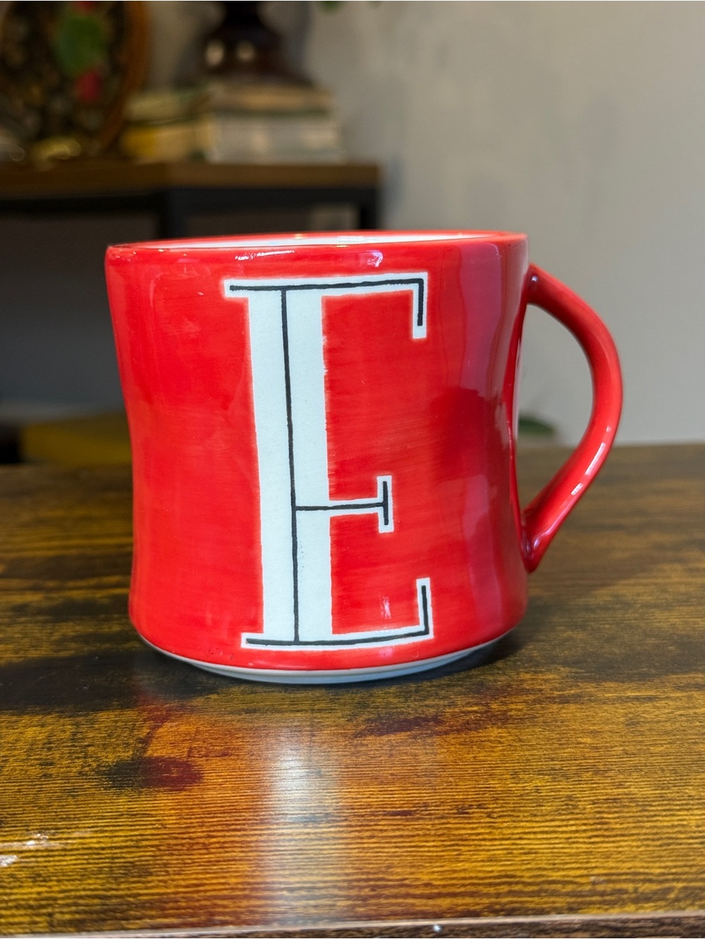 Anthropologie Hand Painted Monogram E Mug Red White Initial Letter Coffee Cup